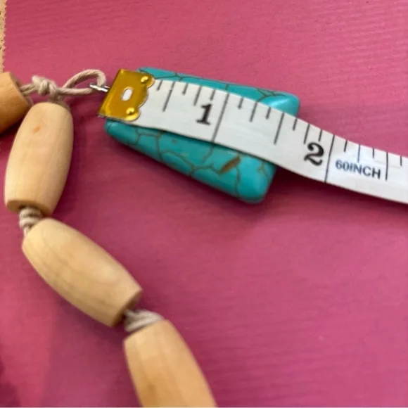 Turquoise Type Pendent Necklace Homemade Wooded Spools Corded Rope 14” Long - Picture 7 of 9